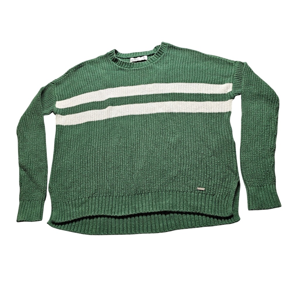 Hollister Striped Shaker Knit Sweater Womens XS Green White Crew Neck Relaxed